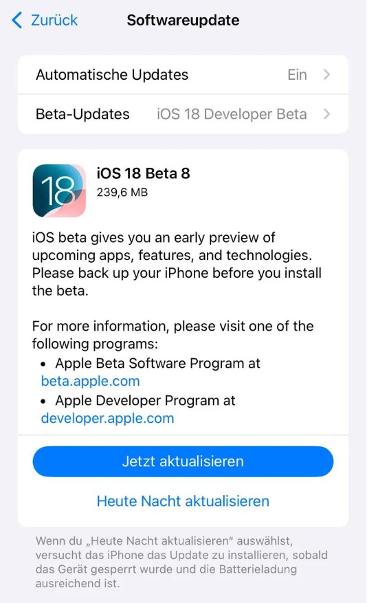 信宜苹果手机维修分享苹果 iOS / iPadOS 18 开发者预览版 Beta 8 发布 